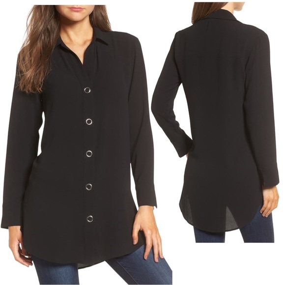 Nordstrom Leith Black Snap Front Long Sleeve Tunic Top Size Small NWT - Picture 1 of 12